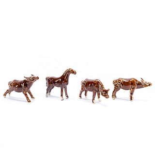 CHINESE 4PC BROWN GLAZED COW & HORSE FIGURES