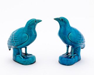 TWO CHINESE TURQUOISE BLUE QUAIL FIGURES