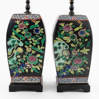 CHINESE PAIR FAMILLE NOIR SQUARE URN TABLE LAMPS