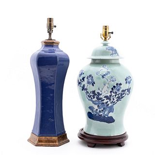 CHINESE PORCELAIN TABLE LAMPS, BLUE GLAZE & FLORAL