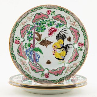 THREE CHINESE EXPORT ROOSTER MOTIF PLATES