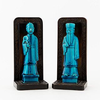 PR CHINESE FIGURAL TURQUOISE GLAZE & WOOD BOOKENDS