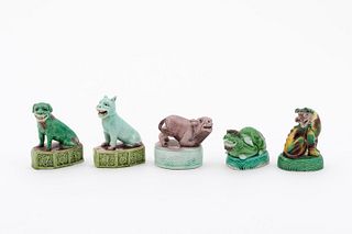 CHINESE, 5PCS BISCUIT MYTHICAL BEASTS ON PEDESTALS