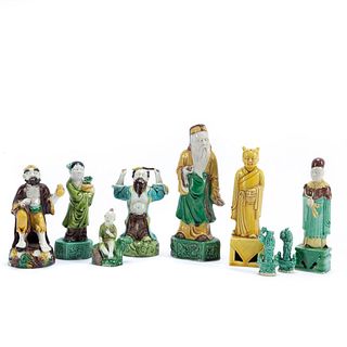 CHINESE, 9PC MULTI-GLAZE BISCUIT IMMORTAL FIGURES