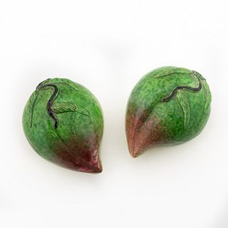 CHINESE, TWO GREEN GLAZED CERAMIC PEACHES