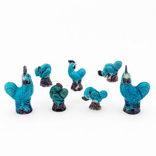 CHINESE 7PCS PEACOCK BLUE & AUBERGINE ROOSTERS