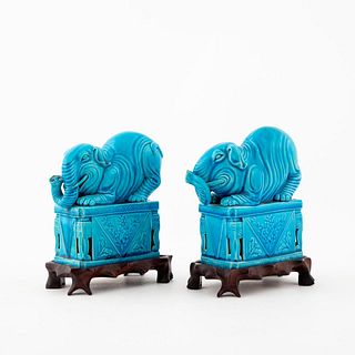 CHINESE, PAIR PEACOCK-BLUE CROUCHING ELEPHANTS