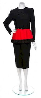 A Valentino Black Wool Dress with Red Peplum,