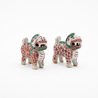 PAIR 17TH C. IRON RED AND GREEN GUARDIAN LIONS