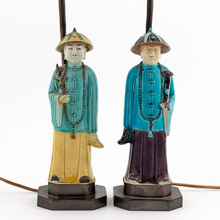 PAIR CHINESE MALE FIGURES MOUNTED AS TABLE LAMPS
