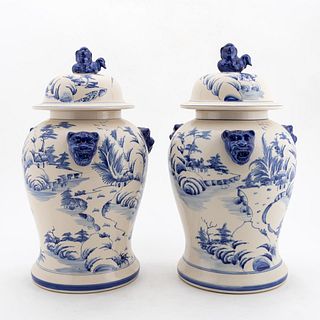PR., CHINESE BLUE DECORATED LION TEMPLE JARS