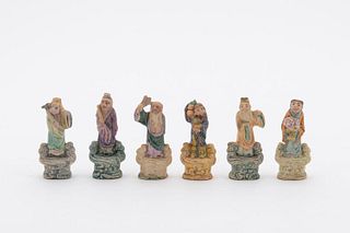 SIX CHINESE PAINTED BISQUE MINIATURE IMMORTALS