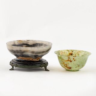 GROUP OF TWO HARDSTONE BOWLS, ONE W/ BRONZE BASE