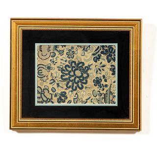 BLUE FLORAL CHINESE SILK EMBROIDERY, GOLD FRAME