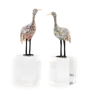 PAIR, MOTHER OF PEARL CRANES ON LUCITE BASES