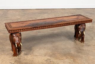 CARVED ELEPHANT FIGURAL BASE BENCH WITH MOP INLAY
