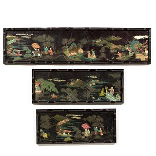 THREE PIECES, CHINESE LACQUERED PANELS, FRAMED