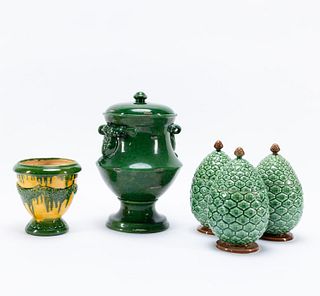 5PC, MAINLY PORTUGUESE GREEN MAJOLICA VESSELS