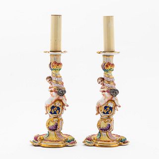 PAIR, CAPODIMONTE STYLE ARMORIAL CANDLESTICK LAMPS