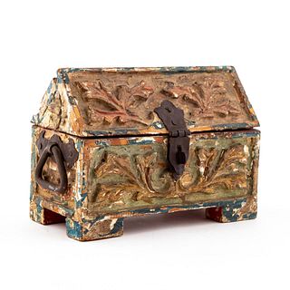 CONTINENTAL GOTHIC STYLE POLYCHROME WOODEN CASKET