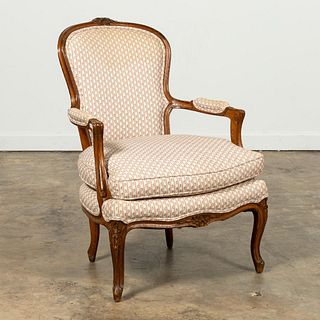 LOUIS XV STYLE FRUITWOOD UPHOLSTERED ARM CHAIR