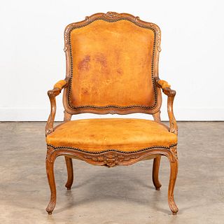 L. 18TH C. LOUIS XV LEATHER AND WALNUT FAUTEUIL