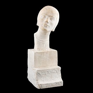 FRENCH PLASTER BUST OF JOAN OF ARC ON TALL BASE