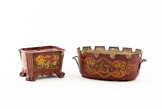 19TH C. FRENCH RED TOLE CACHE POT & ENCRIER