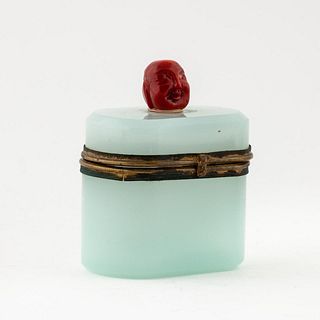 FRENCH OPALINE SMALL CASKET WITH RED BUDDHA HEAD