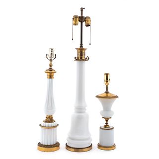 3 PIECES, OPALINE AND METAL MOUNTED TABLE LAMPS