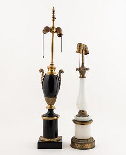 PAIR, BRASS MOUNTED OPALINE TABLE LAMPS