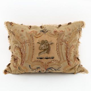 AUBUSSON TAPESTRY PILLOW WITH BULL'S HEAD CREST