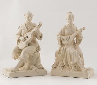 PAIR OF FRENCH PAINTED PLASTER MUSICIANS