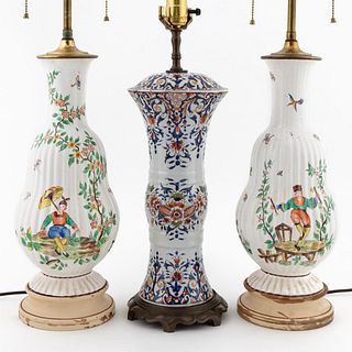 3PCS FRENCH FAIENCE TABLE LAMPS, PAIR & SINGLE