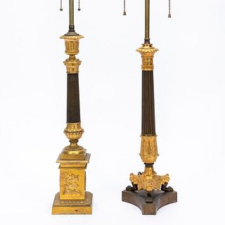 GROUP OF 2, 19TH C. FRENCH GILT BRONZE TABLE LAMPS