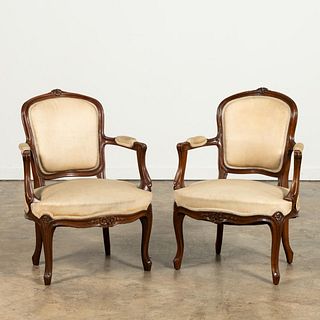 PAIR, FRENCH LOUIS XV STYLE MAHOGANY ARM CHAIRS