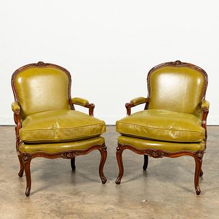PAIR FRENCH LOUIS XV STYLE GREEN LEATHER FAUTEUILS