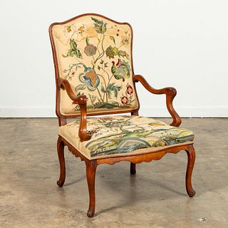 19TH C. LOUIS XV FAUTEUIL WITH CREWELWORK FABRIC