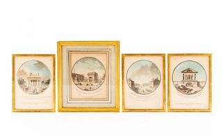 4 PC FRENCH ARCHITECTURAL HAND-COLORED ENGRAVINGS