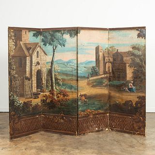 FOUR PANEL CONTINENTAL PAINTED FOLDING SCREEN