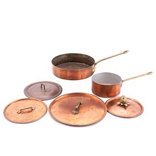 SIX PIECES, COPPER COOKWARE AND LIDS, WALDOW