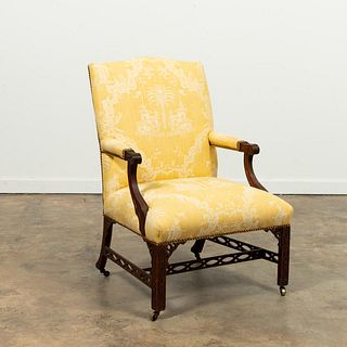 19TH C. CHINESE CHIPPENDALE ARMCHAIR, SCALAMANDRE