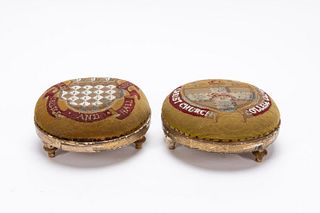 TWO, 19TH C. ENGLISH OXFORD NEEDLEPOINT FOOTSTOOLS