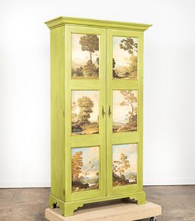 GREEN PAINTED TALL CABINET WITH LANDSCAPE PANELS
