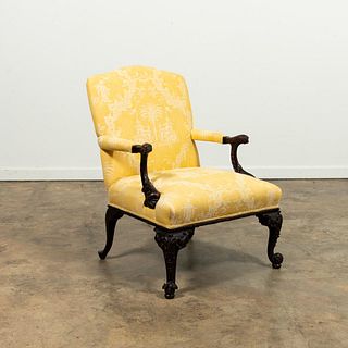 SCALAMANDRE UPHOLSTERED CHIPPENDALE STYLE ARMCHAIR