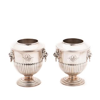 PAIR, ARMORIAL SHEFFIELD SILVERPLATE WINE COOLERS