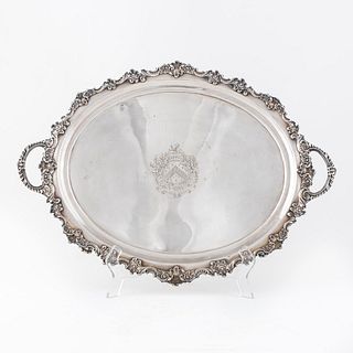 ENGLISH ARMORIAL SILVERPLATE FOOTED SERVING TRAY
