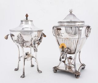 TWO, 19TH C. ENGLISH SILVERPLATE HOT WATER URNS