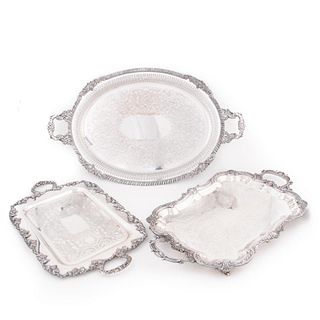 GROUP OF 3, AMERICAN SILVERPLATE HANDLED TRAYS
