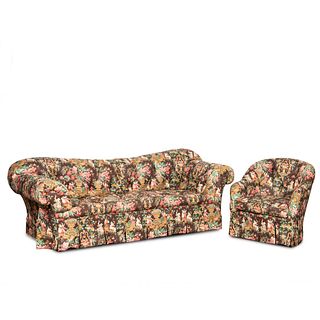 CHINOISERIE UPHOLSTERED TUFTED SOFA & CLUB CHAIR